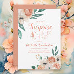 Peach Watercolor Floral Überraschung 40. Geburtsta Einladung<br><div class="desc">Elegante,  weibliche Überraschung 40. Geburtstag Party Einladungen für sie entworfen mit delikaten Pfirsich und cremefarbenen Blumen. Text ist vollständig anpassbar,  sodass diese Einladungen für jedes Alter gestaltet werden können.</div>