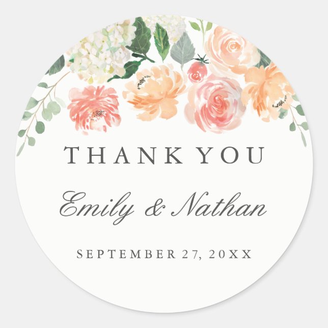 Peach Watercolor Floral Wedding Danke Sticker (Vorderseite)