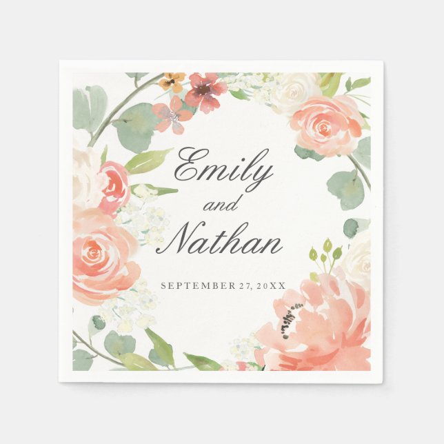 Peach Watercolor Floral Wedding Napkin Serviette (Vorderseite)