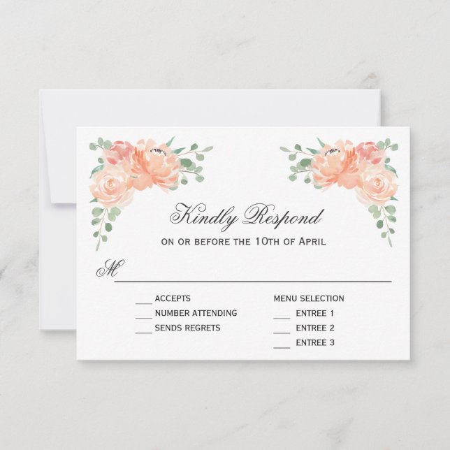 Peach Watercolor Floral Wedding RSVP mit Entreen (Vorderseite)