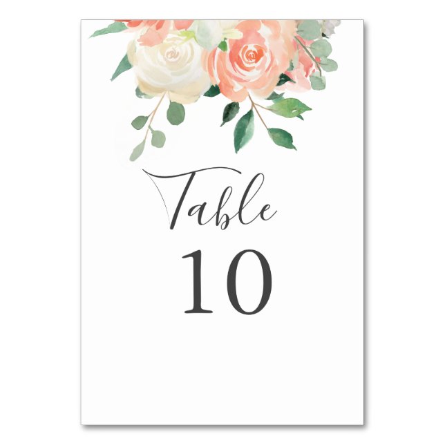 Peach Watercolor Floral Wedding Tischnummer (Vorderseite)