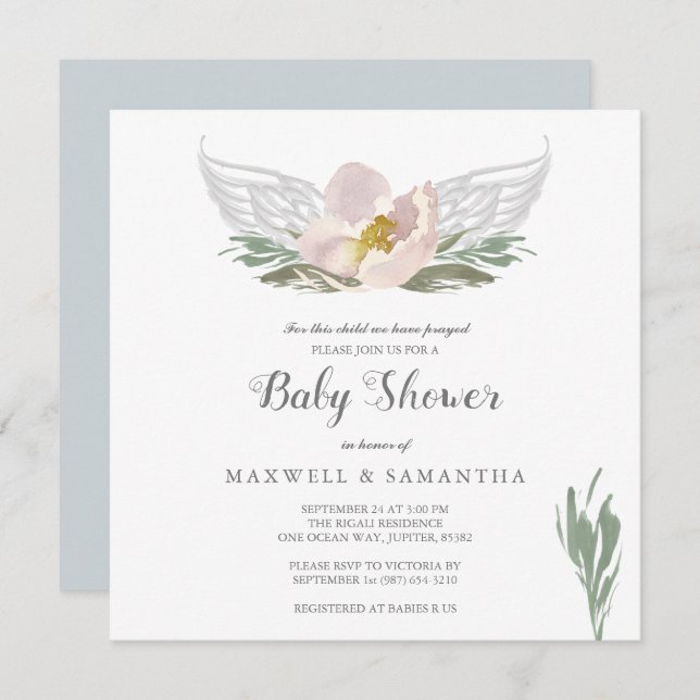 Peach Watercolor Florals Angel Wings Baby Dusche Einladung (Vorne/Hinten)