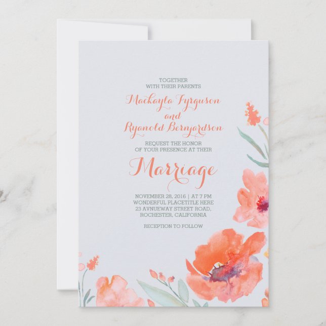 Peach Watercolor Florals Sommerhochzeiten Einladun Einladung (Vorderseite)
