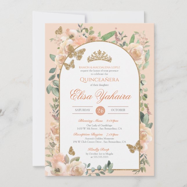 Peach Watercolor Golden Butterfly Quinceanera Einladung (Vorderseite)