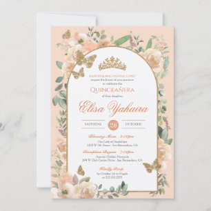 Peach Watercolor Golden Butterfly Quinceanera Einladung