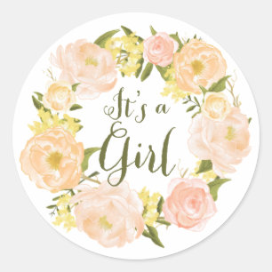 Peach Watercolor Peonies Wreath Baby Dusche Runder Aufkleber
