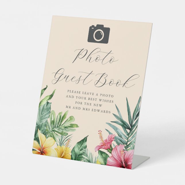 Peach Watercolor Tropical Foto Gästebuch Hochzeit Sockelschild (Vorderseite)