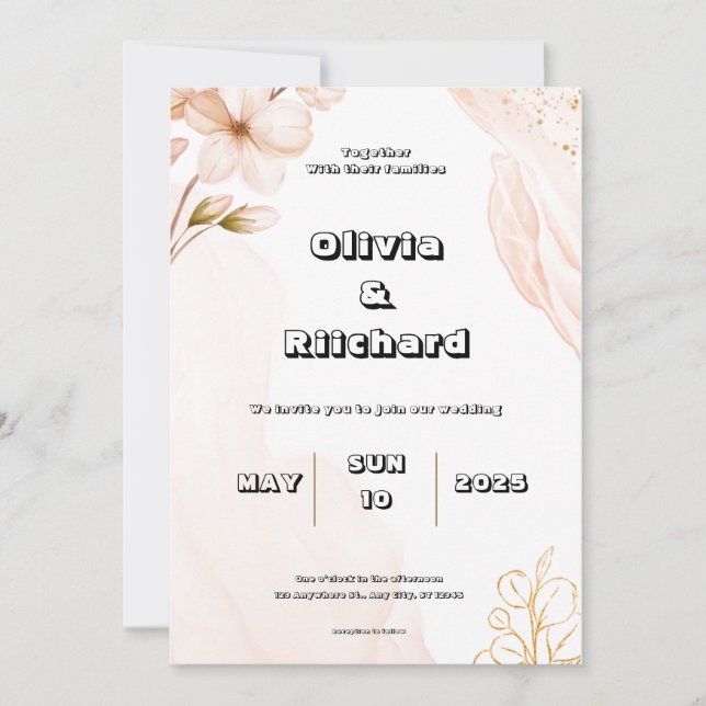 Peach Wedding Einladung mit Watercolor Blume (Vorderseite)
