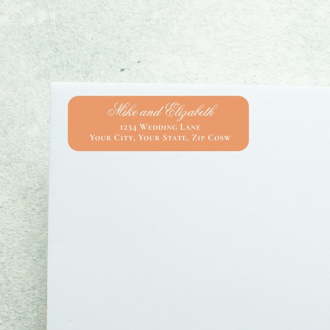 Peach Wedding Monogram Floral Script (Peach calligraphy return address label with couple names, elegant wedding envelope styling)