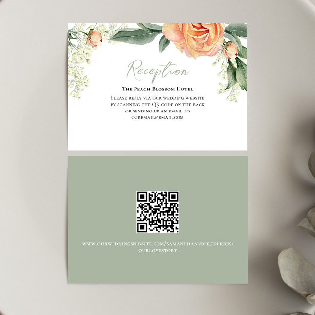 Peach Wedding Reception Floral QR Code Begleitkarte (Wedding reception card with watercolor peach floral design.)