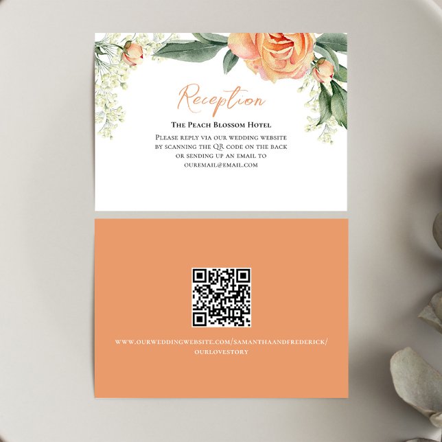 Peach Wedding Reception Floral QR Code Begleitkarte (Wedding reception card with watercolor peach floral design.)