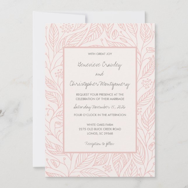 Peach Whimsy Hand Drawn Foliage Hochzeit Einladung (Vorderseite)