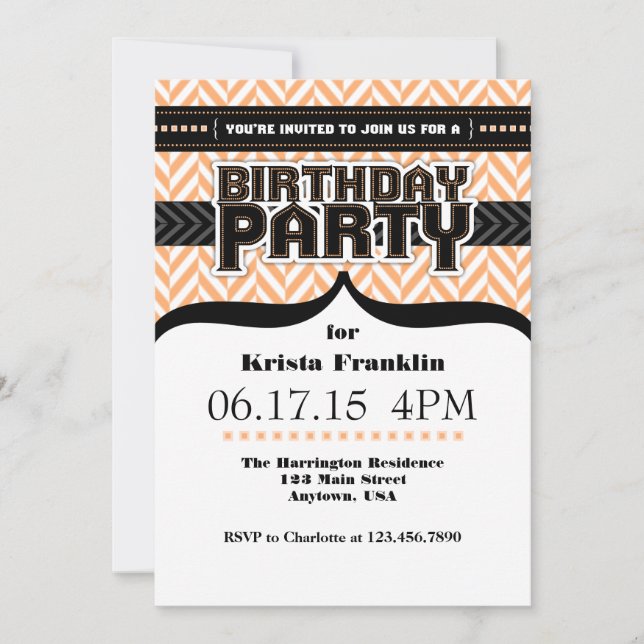 Peach White Black Herringbone Birthday Einladung (Vorderseite)