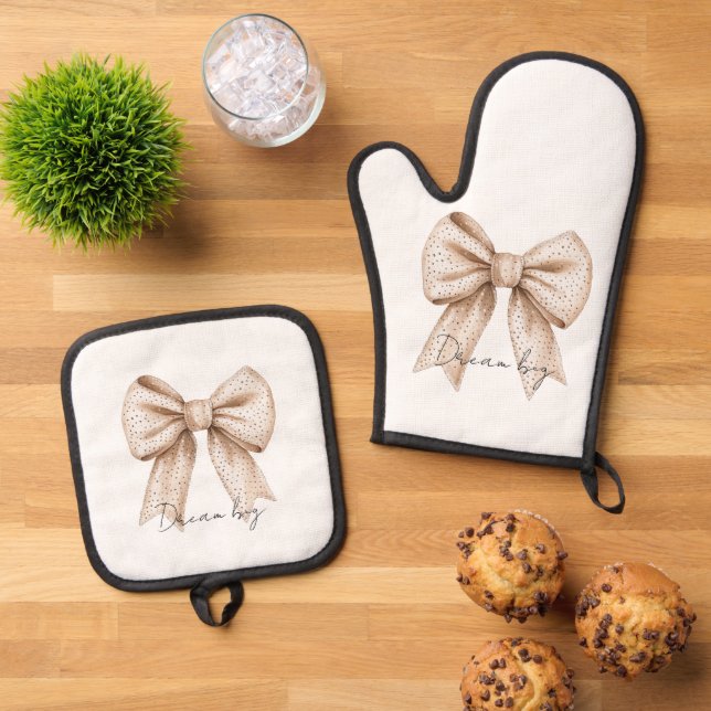 Peach White Bow Ofenhandschuh & Topflappen-Set (Oben Unten)