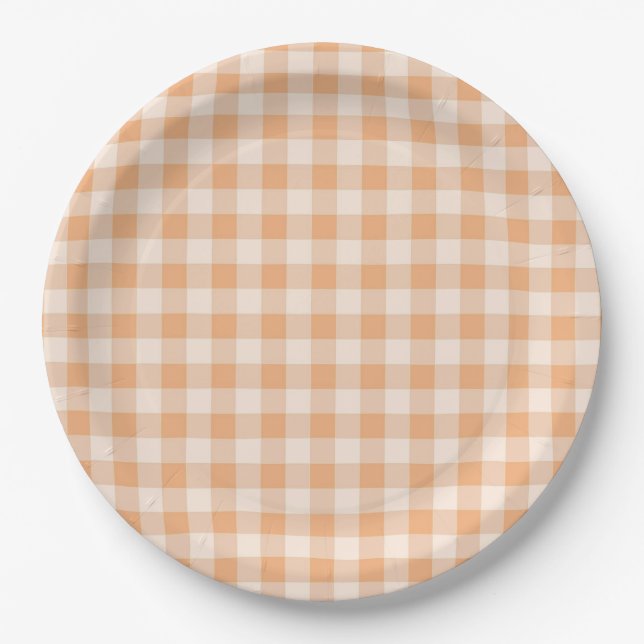 Peach White Checkered Gingham Pattern Pappteller (Vorderseite)