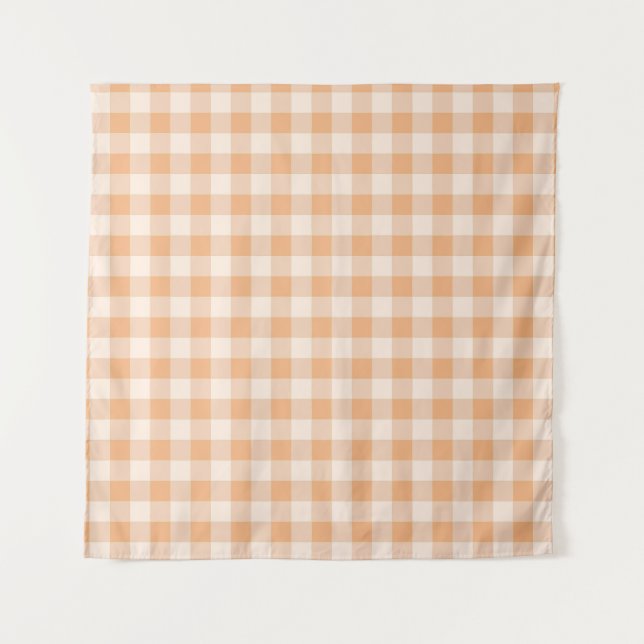 Peach White Checkered Gingham Pattern Wandteppich (Vorderseite)