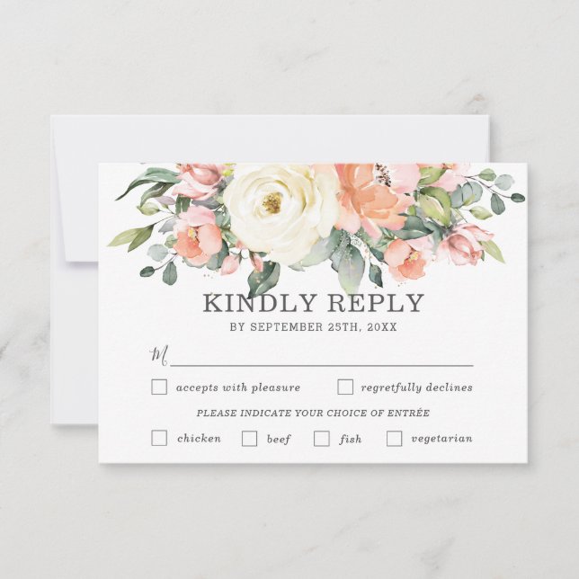 Peach White Floral Wedding Meal Choice RSVP Karte (Vorderseite)