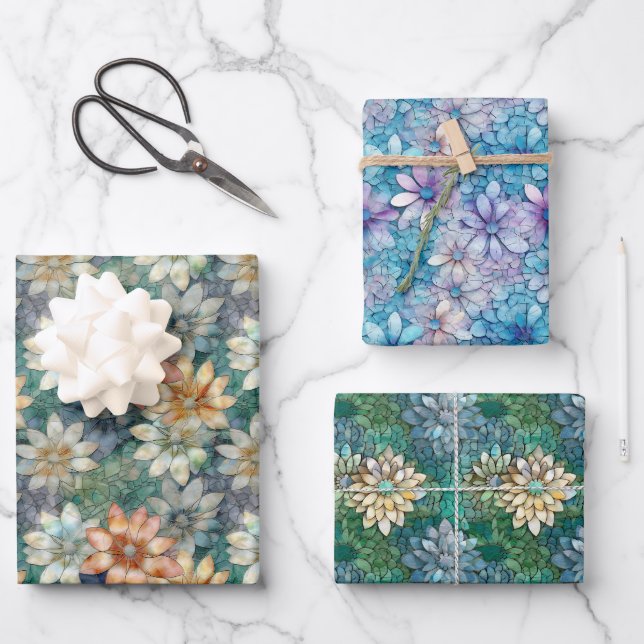 Peach White Green Floral Geschenkpapier Set (Vorderseite)