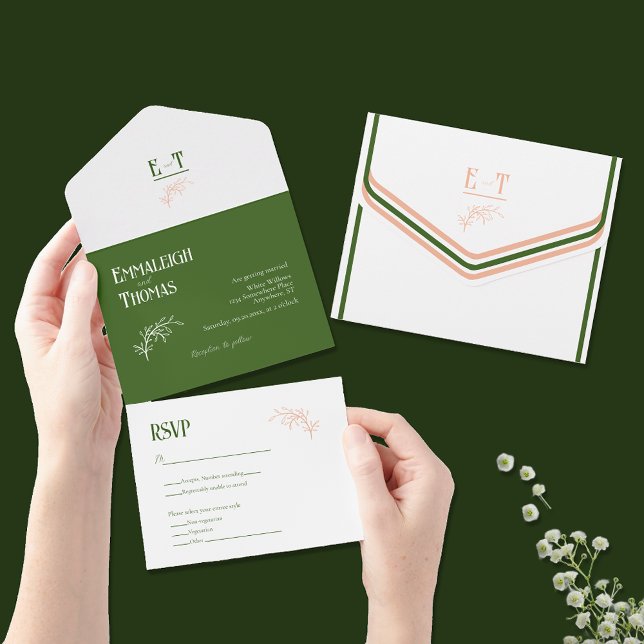 Peach White + Green Simple Modern Wedding All In One Einladung (Von Creator hochgeladen)
