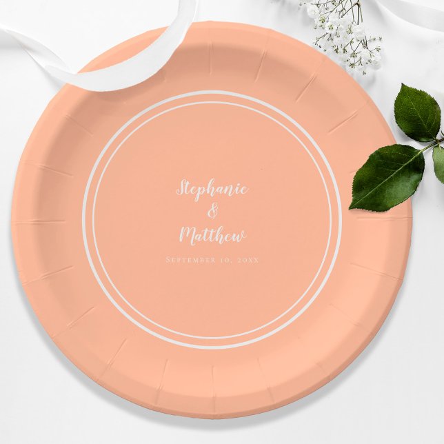 Peach White Moderne Custom Bridge & Groom Wedding Pappteller (Peach White Modern Custom Bride & Groom Wedding Paper Plates)