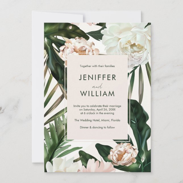 Peach White Peonies & Green Blätter Floral Wedding Einladung (Vorderseite)