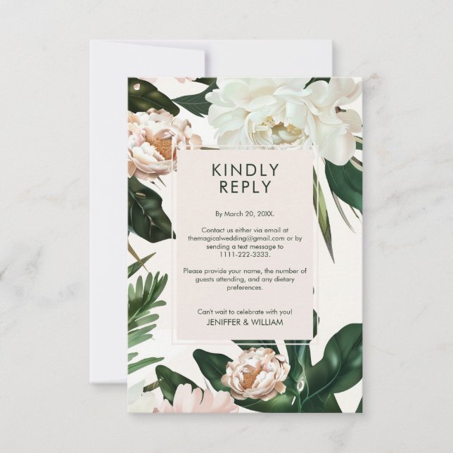 Peach White Peonies & Green Blätter Floral Wedding RSVP Karte (Vorderseite)