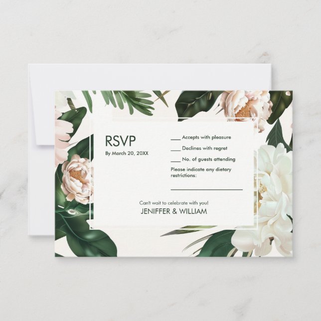 Peach White Peonies & Green Blätter Floral Wedding RSVP Karte (Vorderseite)