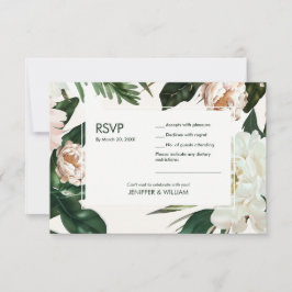 Peach White Peonies & Green Blätter Floral Wedding RSVP Karte