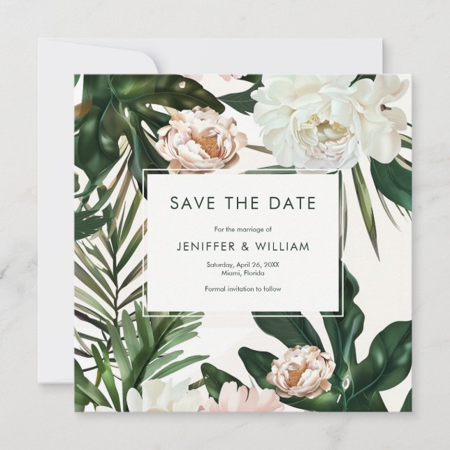 Peach White Peonies & Green Blätter Floral Wedding Save The Date (Vorderseite)