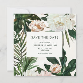 Peach White Peonies & Green Blätter Floral Wedding Save The Date