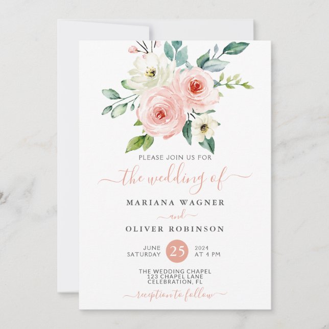 Peach White Watercolor Floral Wedding Einladung (Vorderseite)