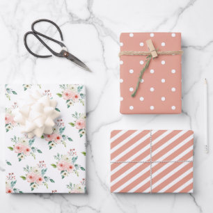 Peach White Watercolor Floral Wedding Geschenkpapier Set
