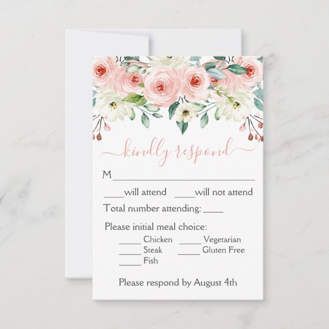 Peach White Watercolor Floral Wedding RSVP Karte (Vorderseite)