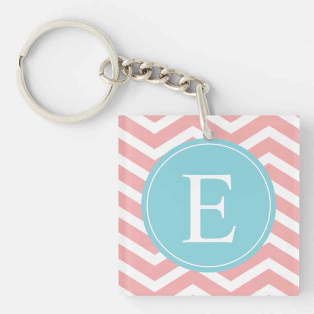 Peach White Zickzack Blue Monogram Schlüsselanhänger (Vorderseite)