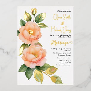Peach wild Rose Hochzeitseinladung Folien Feiertagskarte