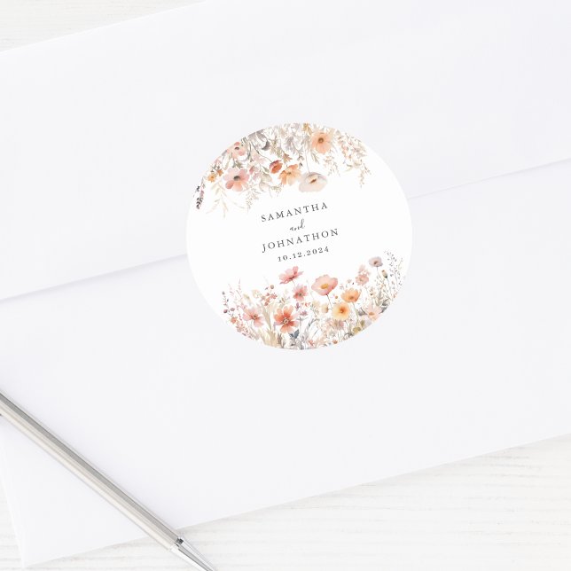 Peach Wildblume Wasserfarbenhochzeit Runder Aufkleber (Von Creator hochgeladen)