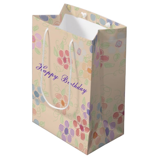 Peach with Blumen Print Mittlere Geschenktüte (Vorderseite Schrägansicht)