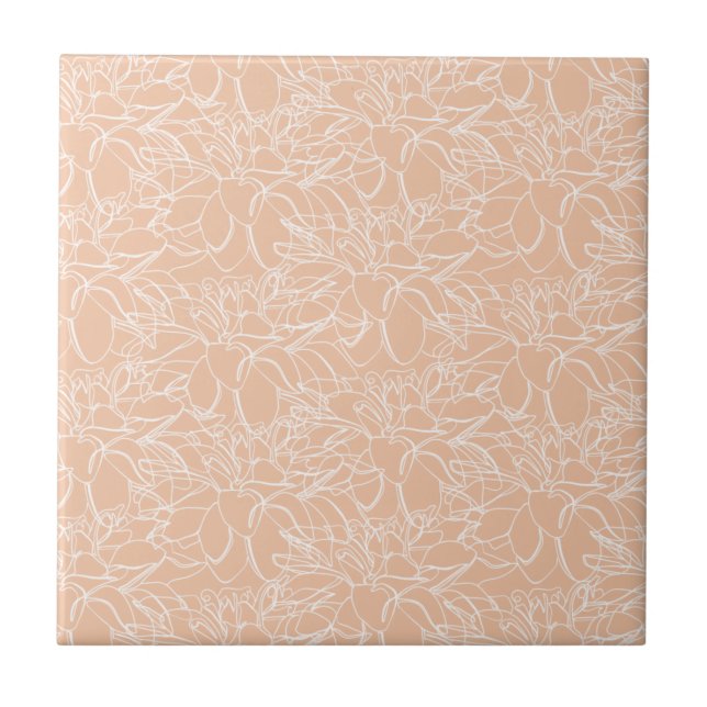 Peach with White Floral Line Art Keramik Tile Fliese (Vorderseite)