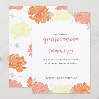 Peach Yellow & Orange Peonies Quinceanera Party Einladung