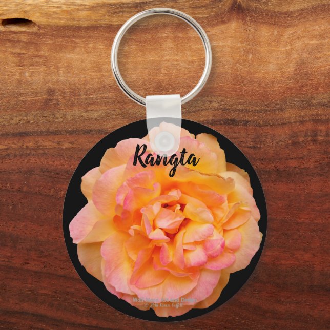 Peach Yellow Pink Blend Rose Cut-Out Blume Design Schlüsselanhänger (Vorderseite)