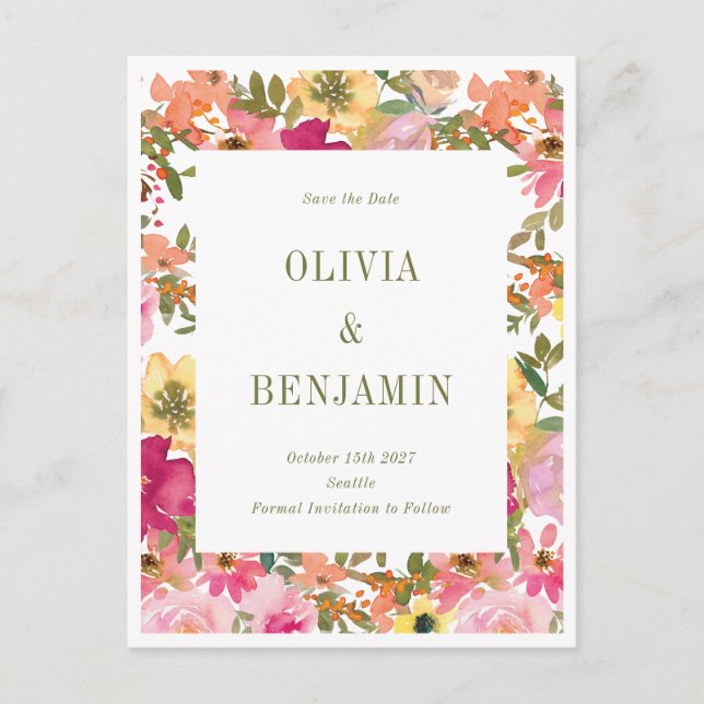 Peach Yellow Watercolor Floral Wedding Postkarte (Vorderseite)
