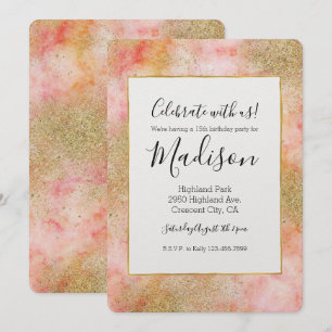 Peachrosa Watercolor Gold Imitats Glitzer Einladung