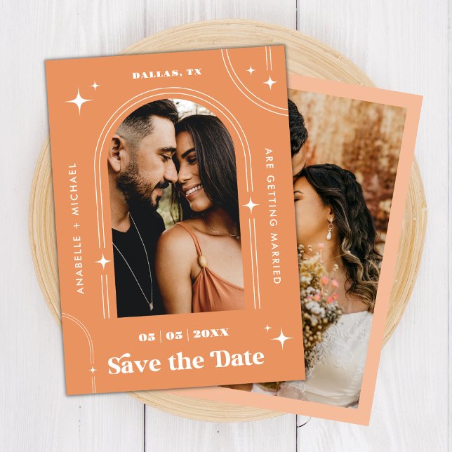 Peachy Apricot Boho Arch Retro Script 2 Foto 70er Save The Date (Von Creator hochgeladen)