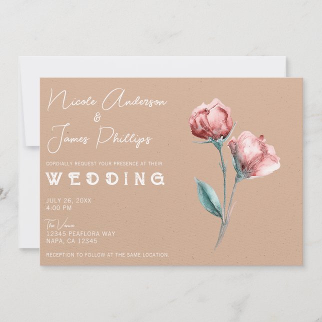 Peachy Beige Watercolor Floral Wedding Einladung (Vorderseite)