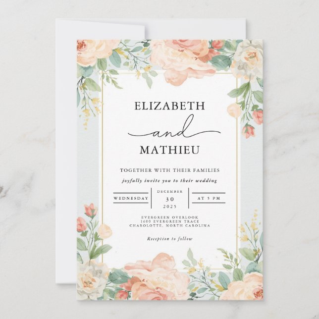 Peachy Floral Blüh Wedding Einladung (Vorderseite)