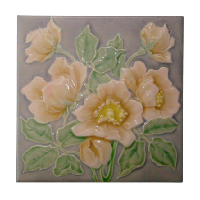 Peachy Floral Majolica Imitate Relief c1900 Repro Fliese (Vorderseite)