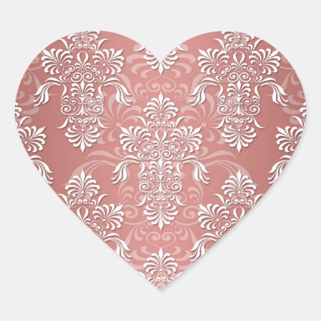 Peachy Lmon Pink Girly Damask Herz-Aufkleber (Vorderseite)
