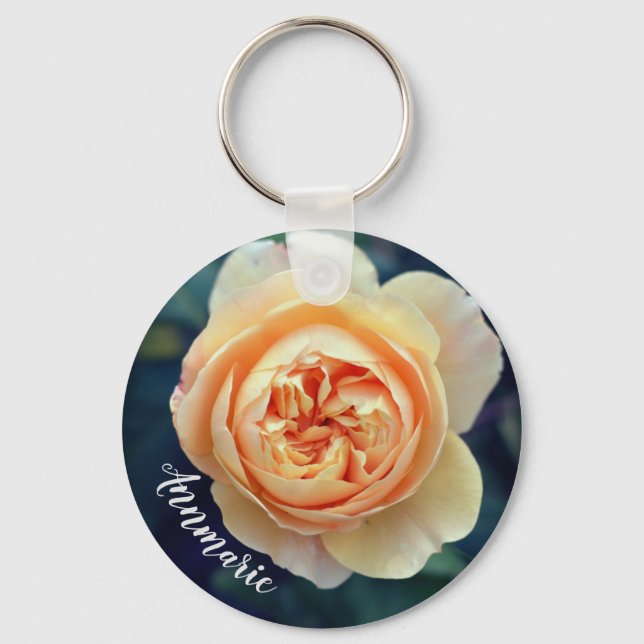 Peachy Orange Garden Rose Blume Personalisiert Schlüsselanhänger (Vorderseite)