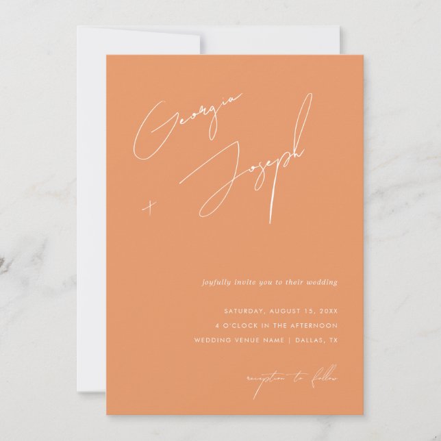 Peachy Orange | Script Foto QR Code Wedding Einladung (Vorderseite)