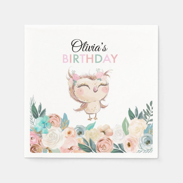Peachy Owl Birthday Napkins Serviette (Vorderseite)